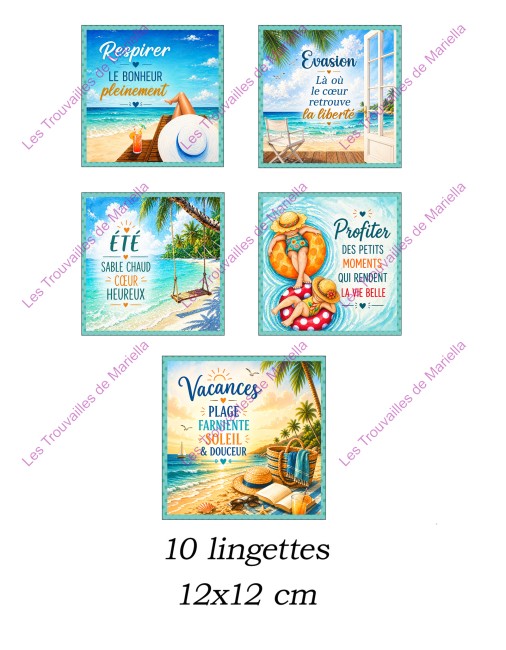 Panneau de 10 lingettes lavables 12x12 cm – Thème vacances et plage