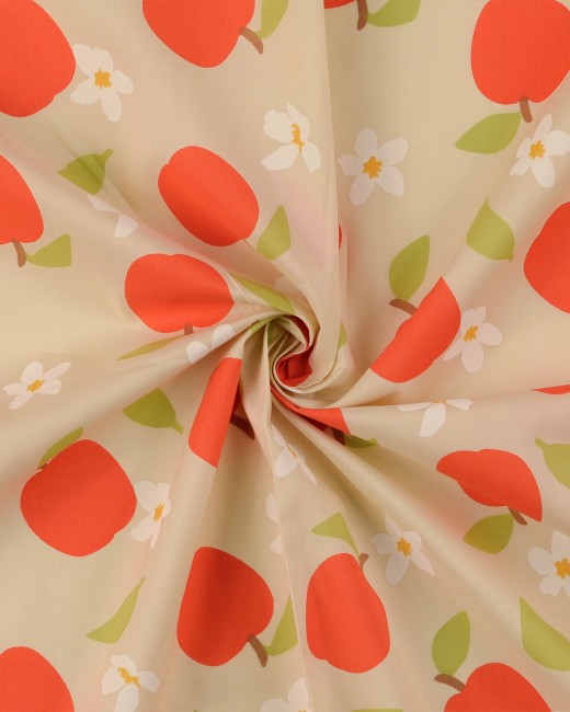 Popeline de coton Pommes en fleurs, motif pommes rouges, fleurs blanches