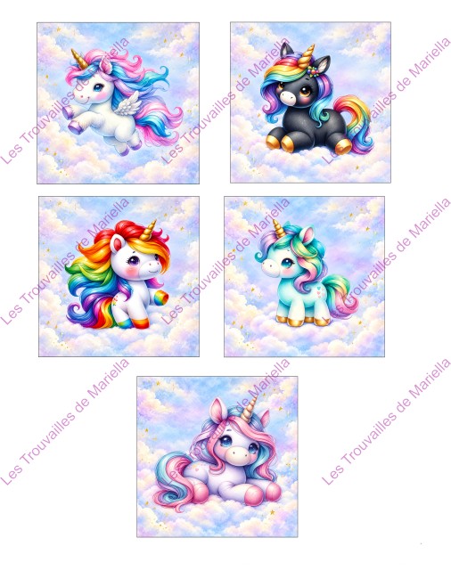 petites licornes aux crinières colorées, sur un fond de nuages pastel et d’étoiles dorées "petites licornes aux crinières colorées, sur un fond de nuages pastel et d’étoiles dorées"