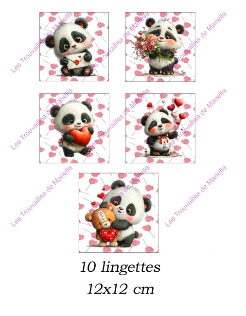 Panneau de 10 lingettes lavables 12x12 cm – Pandas kawaii et cœurs roses