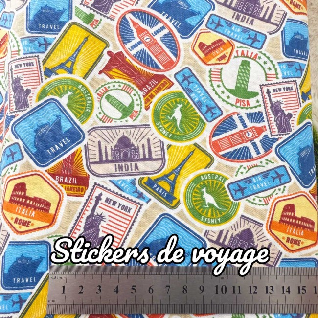 Tissu coton Stickers de voyage – imprimé multicolore