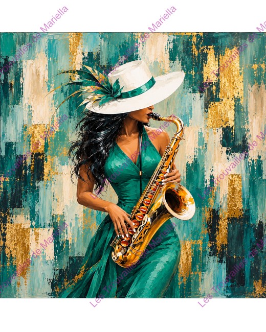 Saxophoniste en robe vert jade, ambiance jazz et touches dorées "Saxophoniste en robe vert jade, ambiance jazz et touches dorées"