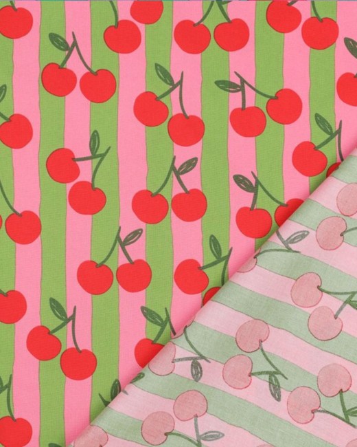 Envers et endroit de la popeline coton motif cerises rouges