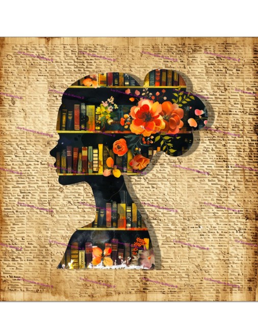 Panneau Coton silhouette et livres 15x15 cm