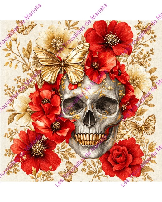 Une tête de mort entourée de fleurs rouges et de papillons dorés sur fond clair "Une tête de mort entourée de fleurs rouges et de papillons dorés sur fond clair"