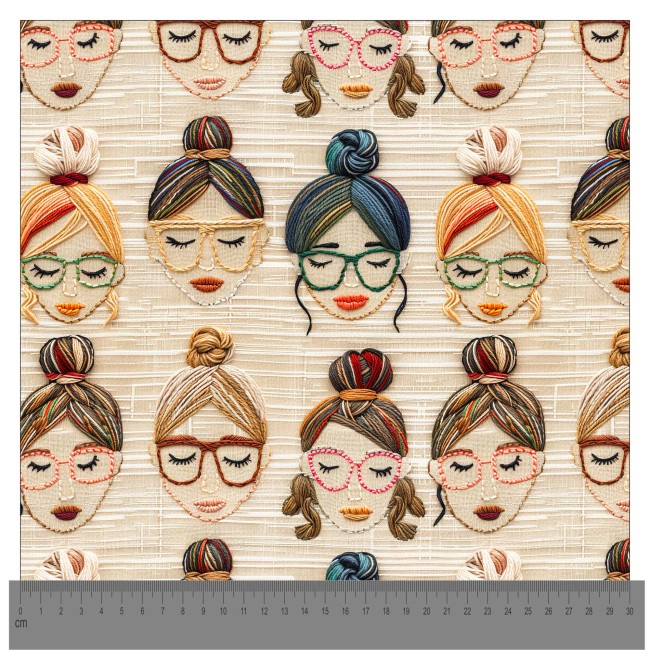 Des visages féminins à lunettes, en effet brodé sur fond beige. "Des visages féminins à lunettes, en effet brodé sur fond beige."