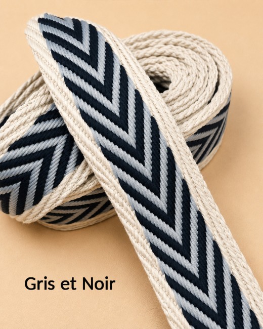 Sangles couleur gris & noir à motif chevrons double face – 38 mm