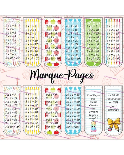 12 marque-pages en coton à coudre, illustrés des tables de multiplication