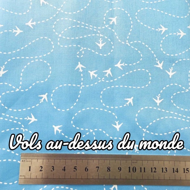 Tissu coton Vols au-dessus du monde – motif avions et ciel