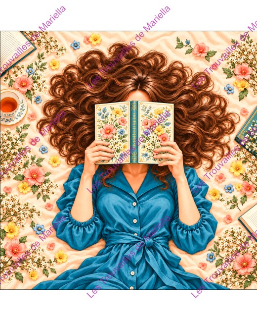 Panneau à coudre sur coton ou simili : une lectrice brune en robe teal "Panneau à coudre sur coton ou simili : une lectrice brune en robe teal"