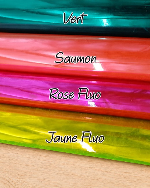 cristal PVC disponible en vert, saumon, rose et jaune fluo "Coupon cristal PVC transparent coloré – noms des teintes disponibles"