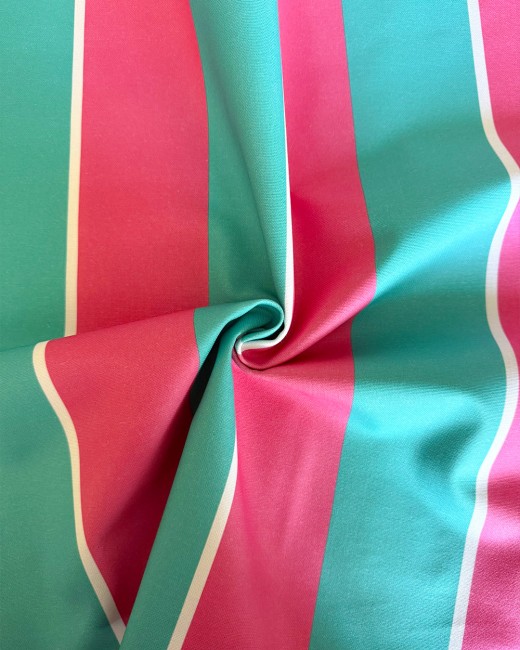 Toile Canvas Riviera 100 % coton à larges rayures turquoise, rose pastèque et écru