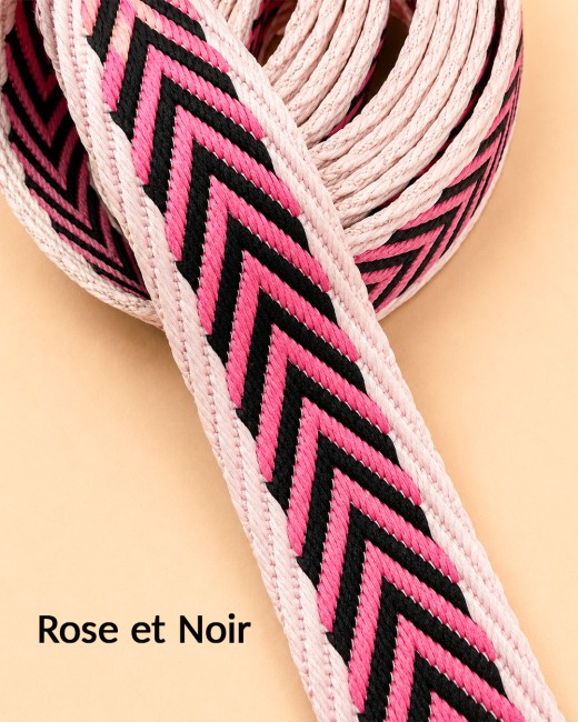 Sangles couleur rose & noir à motif chevrons double face – 38 mm au mètre