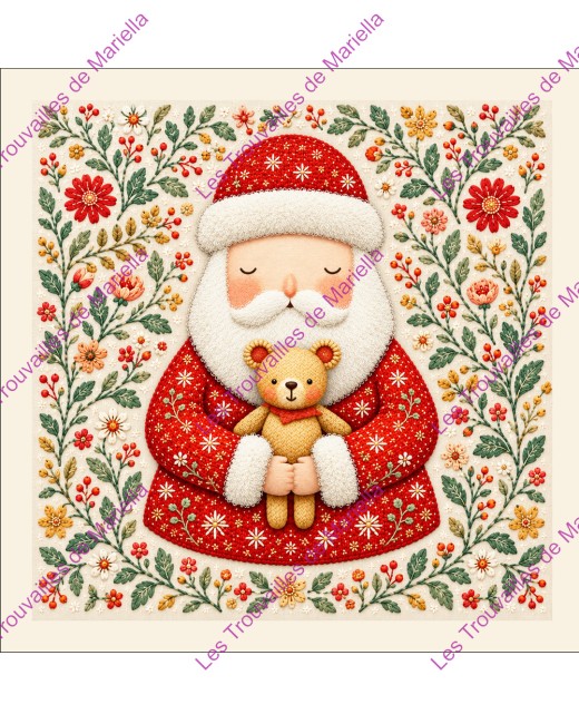 Un Père Noël et son ourson, avec un effet brodé sur fond fleuri. "Un Père Noël et son ourson, avec un effet brodé sur fond fleuri."