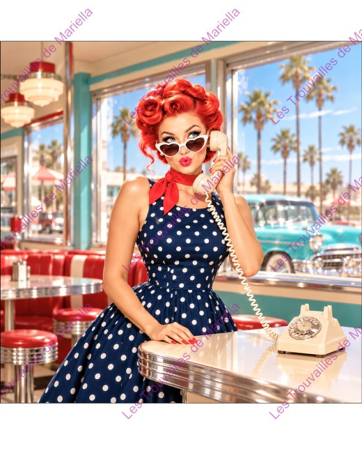 Coupon pin-up au téléphone dans un diner rétro, imprimé sur coton ou simili "Coupon pin-up au téléphone dans un diner rétro, imprimé sur coton ou simili"
