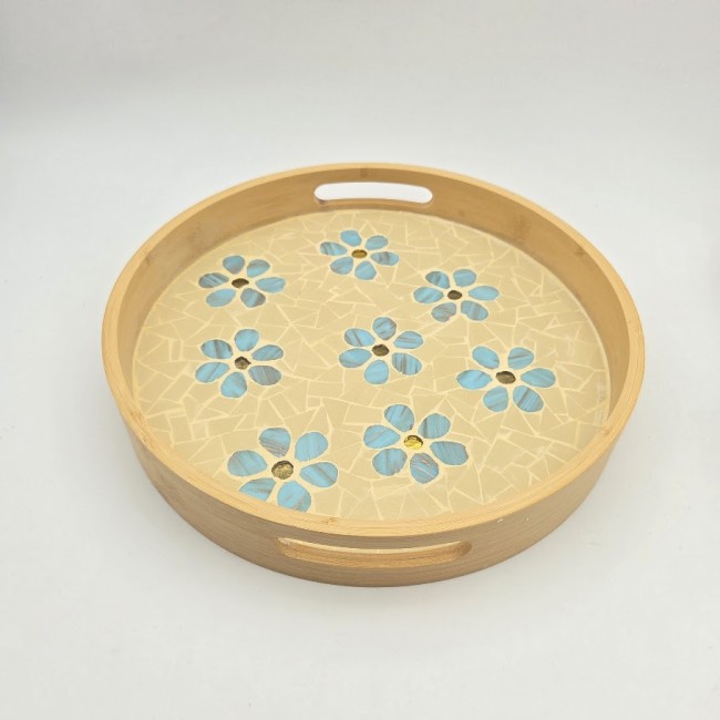 Plateau rond fleurs bleues 3