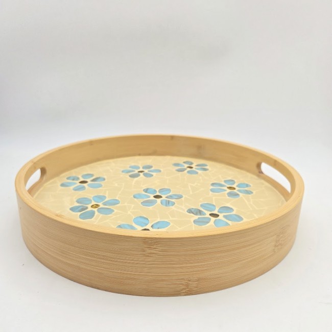 Plateau rond fleurs bleues 2