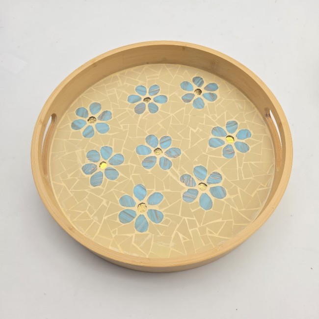 Plateau rond fleurs bleues 4