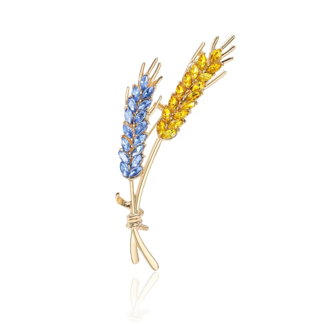 Broche épi de blé strass bleu et jaune