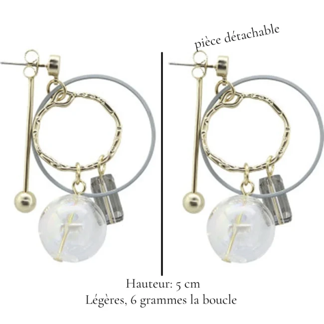 Boucles d'oreilles anneau doré, perle acrylique irisée et cristal – détail