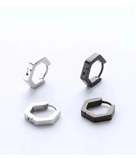 Créoles hexagonales acier inoxydable mixte - argenté noir
