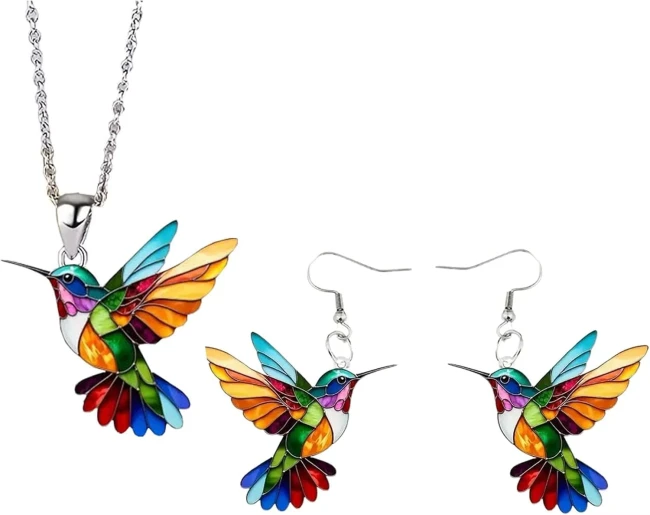 Parure colibri coloré en acrylique effet vitrail avec boucles d’oreilles et collier