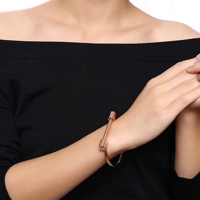 Bracelet à vis unisexe en acier inoxydable doré porté au poignet