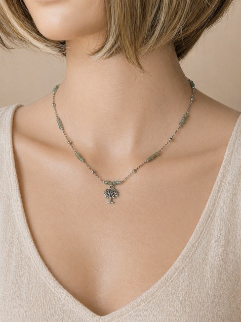 collier en acier inoxydable avec perles en apatite vert ocean