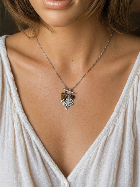 Collier écharpe en acier inoxydable avec œil de tigre et arbre de...