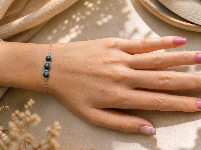Bracelet réglable en argent 925 avec perles en chrysocolle