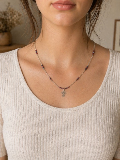 Collier en acier inoxydable avec  perles en saphir et rubis naturels
