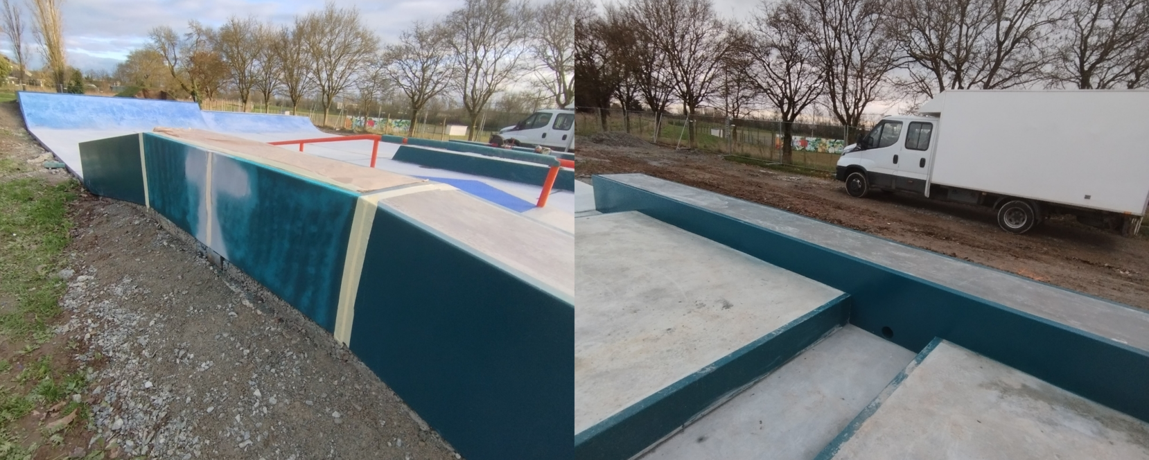 Gros plan sur l'assemblage de la structure métallique du skatepark (près d'Angers), garantissant la solidité et la durabilité.