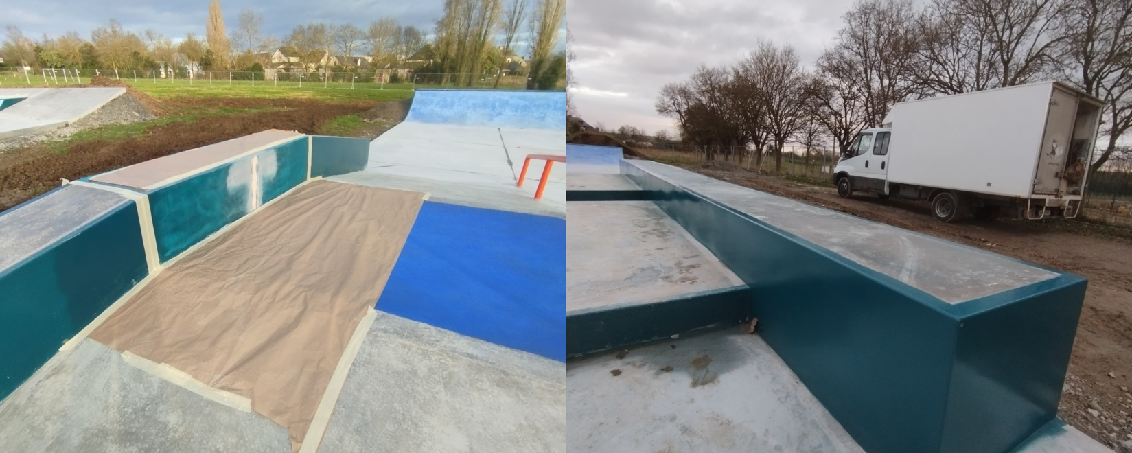 Artisan en industrie vérifiant la structure du skatepark près d'Angers avant réception de chantier.