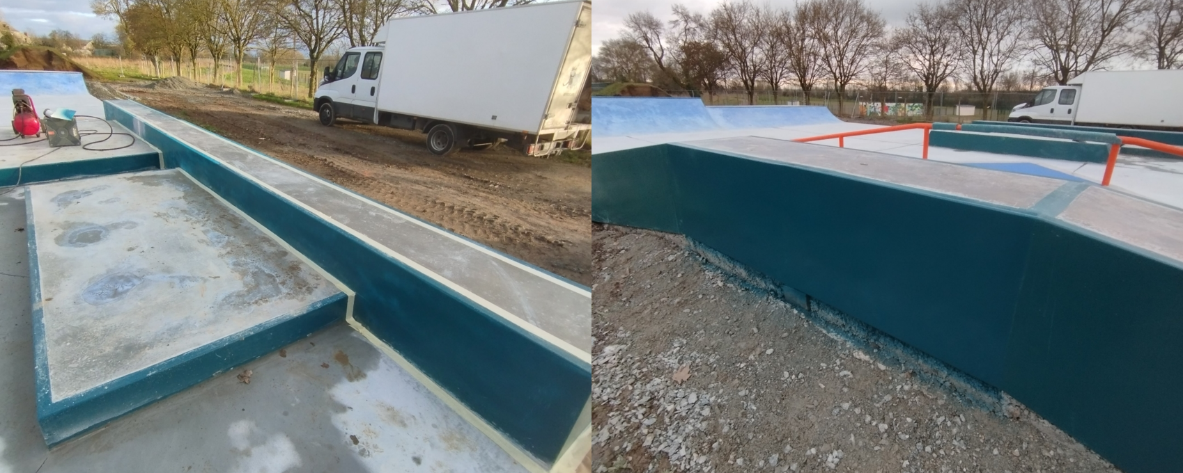 Vue d'ensemble du skatepark près d'Angers après la phase de reprise, attestant du contrôle final et de la conformité de l'ouvrage.