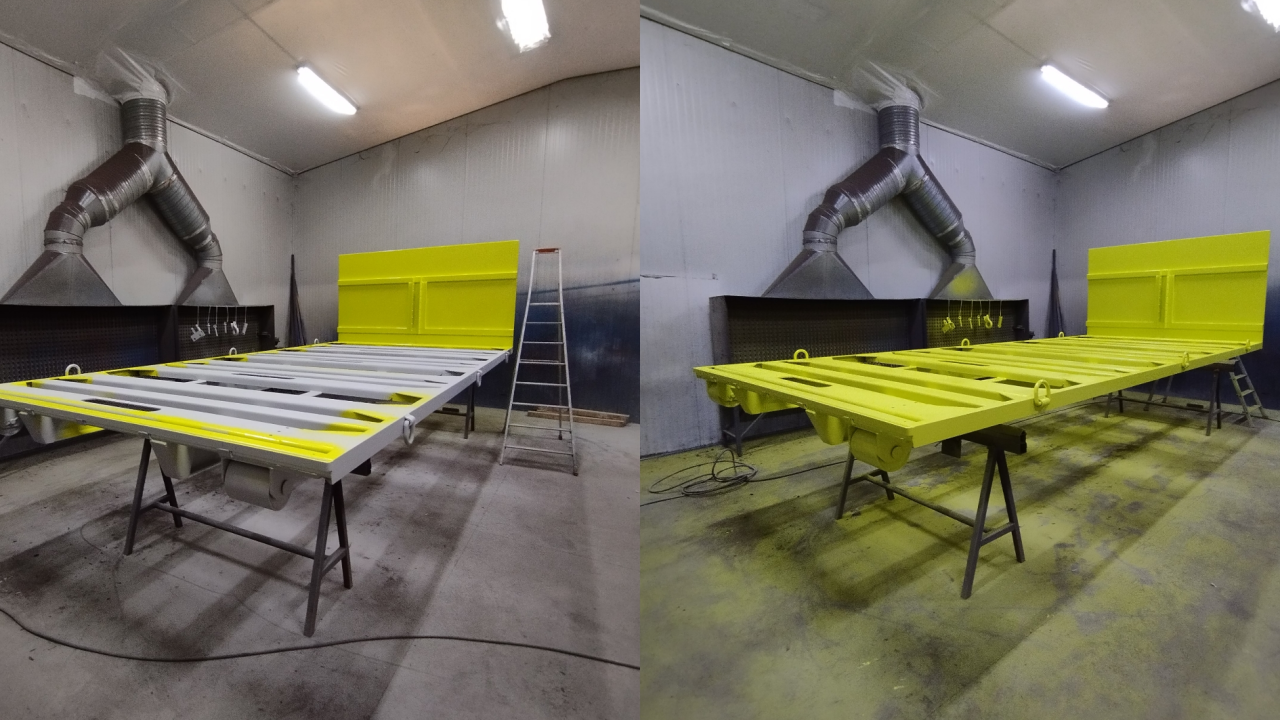 Montage photo : application de la première couche de finition sur la benne et le résultat final après séchage.