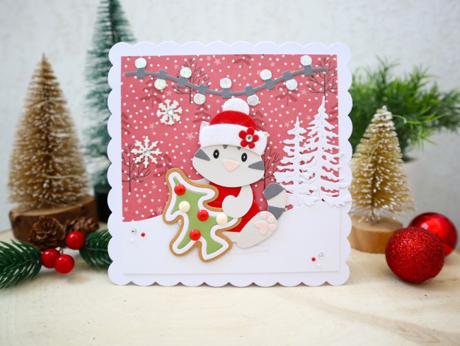 Carte de noël, chat de noël, biscuit de noël, sapins, carte de voeux originale 3D faite main, carterie et papeterie, scrapbooking