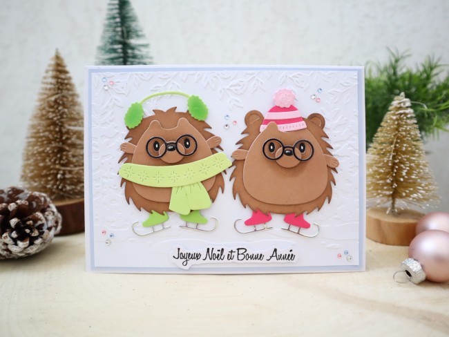 Carte de noël, Bonne année, hérissons, patins à glace, carte de voeux originale 3D faite main, Carterie et papeterie, scrapbooking
