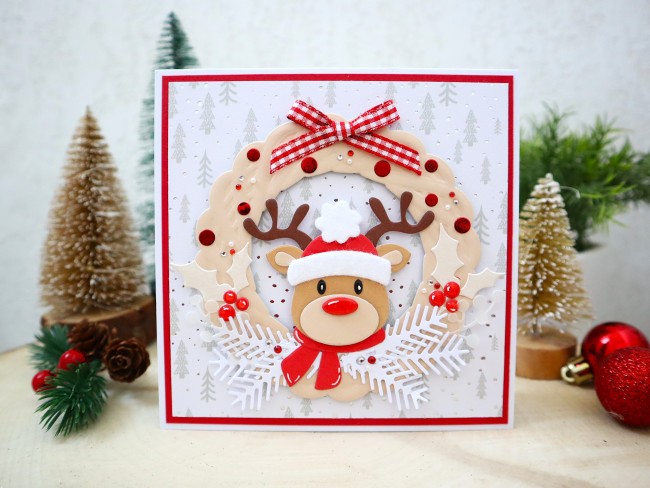Carte de noël, couronne de noël, renne, houx, sapins, carte de voeux originale 3D faite main, carterie et papeterie, scrapbooking