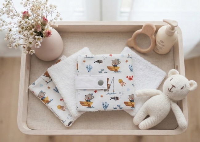 Ensemble pochette et 6 lingettes bébé coton imprimé animaux pécheurs