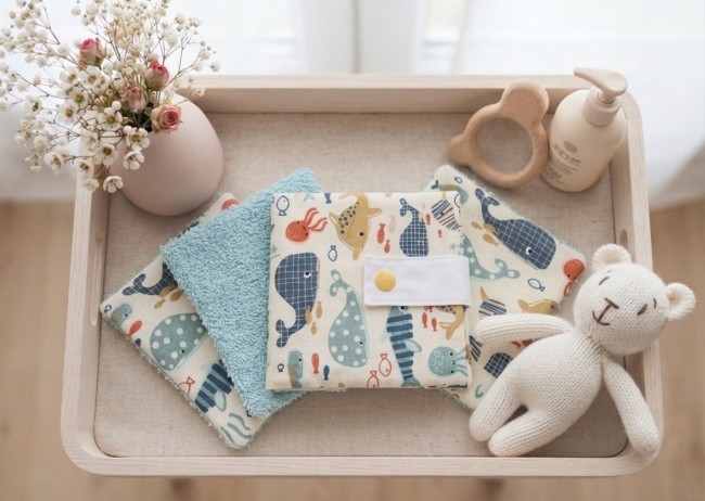 Ensemble pochette et 6 lingettes bébé coton imprimé animaux marins