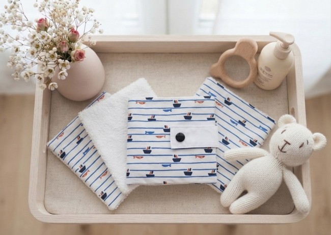 Ensemble pochette et 6 lingettes bébé coton imprimé bateaux