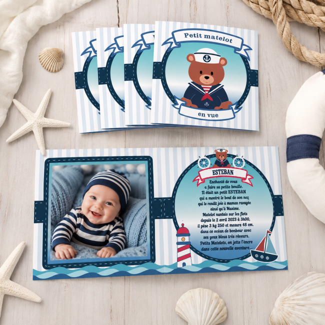 Faire-part de naissance Petit Matelot personnalisé avec photo – Ourson marin bleu