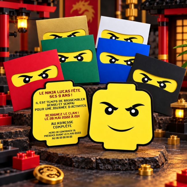 Faire-part anniversaire enfant ninja personnalisé avec pochette couleur-Lego Ninjago