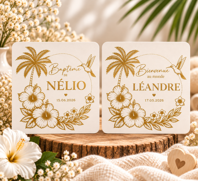 Faire-part Baptême ou Naissance Tropical – Colibri & Hibiscus –...