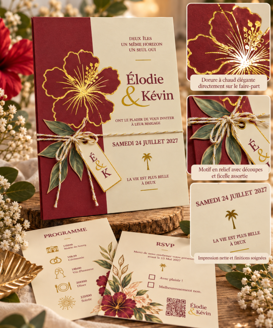 Faire-part mariage tropical chic – Hibiscus bordeaux et dorure or
