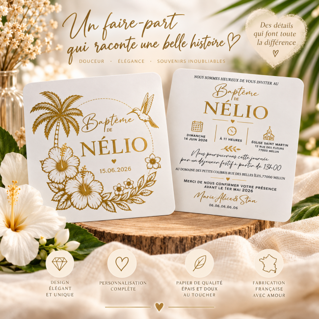 faire-part-bapteme-tropical-colibri-hibiscus-dorure-or-klozcustom-invitation-Madras-Enfant
