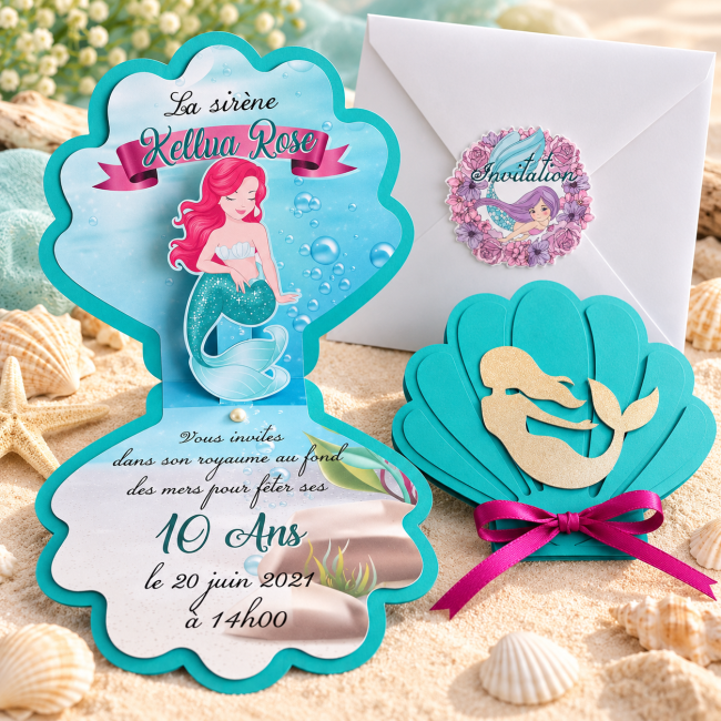 Faire-part anniversaire Sirène personnalisé en forme de coquillage