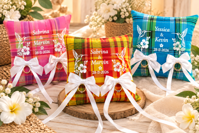 Coussin d'alliances Madras  personnalisé – Mariage créole
