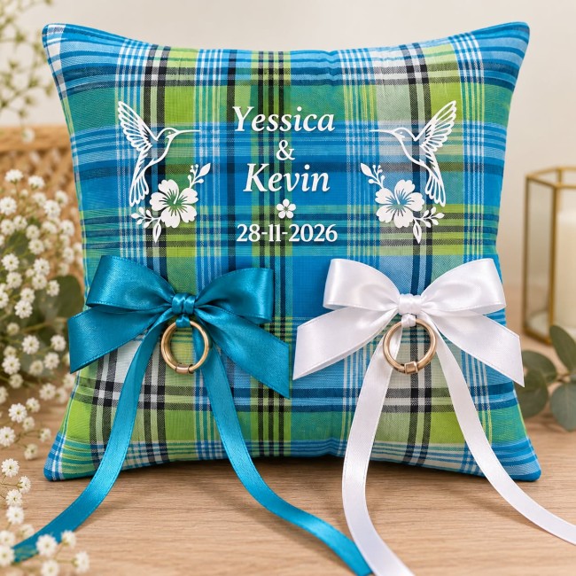 Coussin d'alliances Madras turquoise personnalisé – Mariage créole