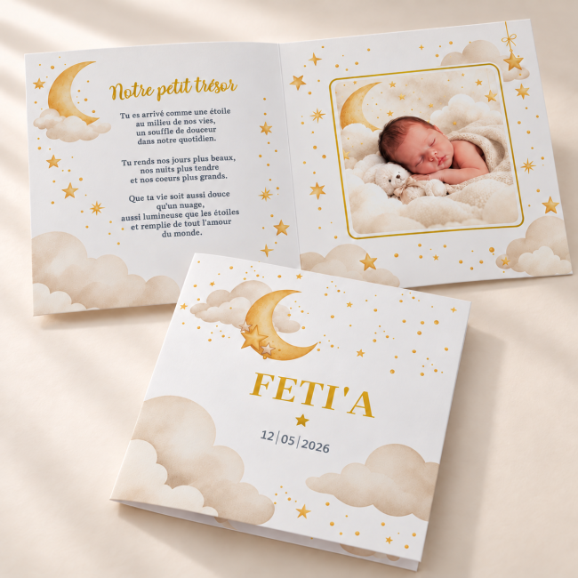 Faire-part de naissance personnalisé nuages et étoiles – avec ou sans photo